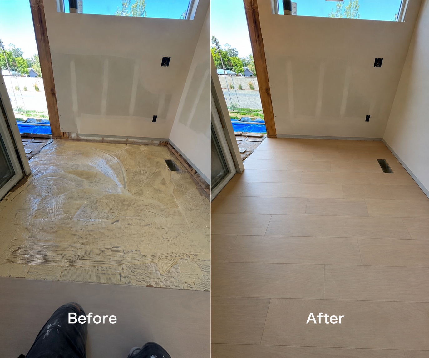 Before and after of a hardwood installation, from prepped subfloor to finished light oak flooring